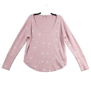Lucky Brand Womens Pink Star Print Thermal Knit Scoop Neck Top Large L